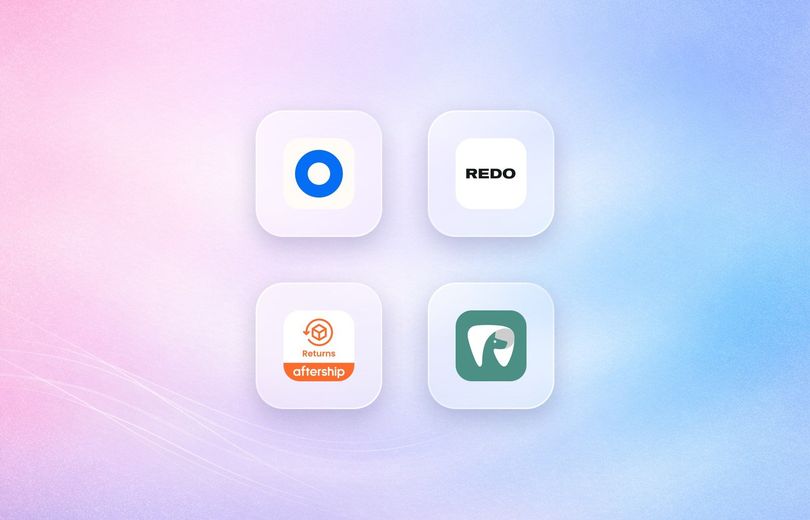 Logos of Loop Returns, Redo, AfterShip Returns and Return Prime on frosted glass tiles over a lavender gradient
