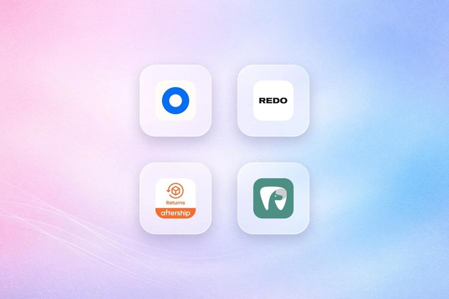 Logos of Loop Returns, Redo, AfterShip Returns and Return Prime on frosted glass tiles over a lavender gradient