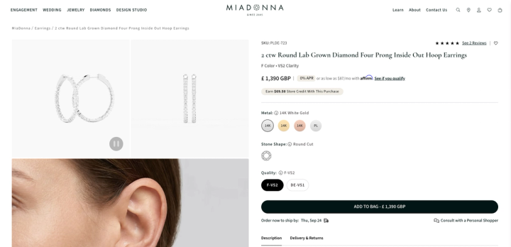 MiaDonna hoop earrings product page with a badge reading Earn $69.50 Store Credit With This Purchase under the price