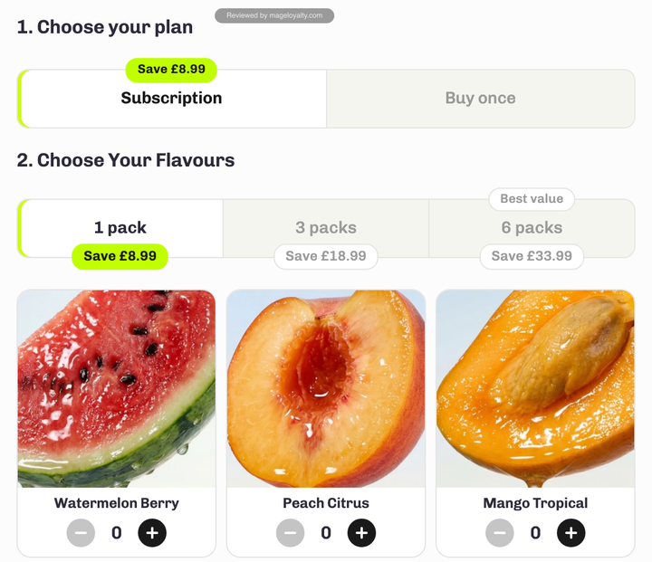 SULT product page: choose your plan with Subscription marked Save £8.99 and 1, 3 and 6 pack options saving £8.99, £18.99 and £33.99