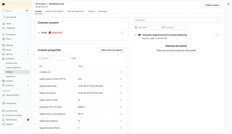 A Klaviyo profile's custom properties showing Mage points balance, points as cash balance, lifetime and redeemed points, next VIP tier name and amount to next tier