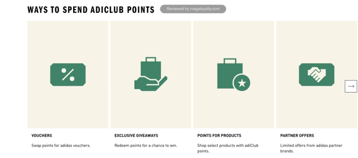 Ways to spend adiClub points: vouchers, exclusive giveaways, points for products and partner offers