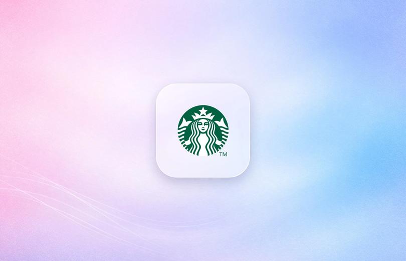 Starbucks logo on a frosted glass tile over a soft pink and blue gradient