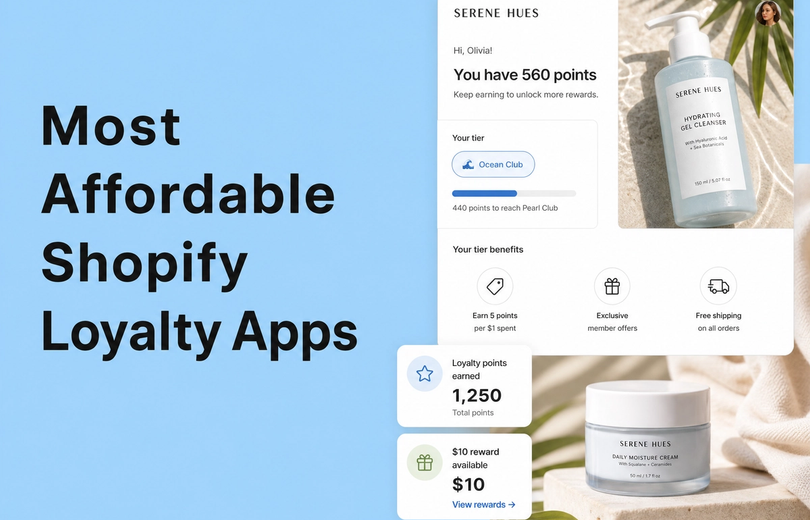 Minimalist landscape with "Most Affordable Shopify Loyalty Apps for Small and Growing Stores" text overlaid in the sky, repre
