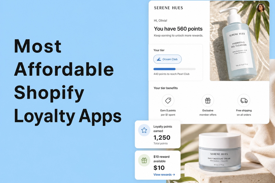 Minimalist landscape with "Most Affordable Shopify Loyalty Apps for Small and Growing Stores" text overlaid in the sky, repre