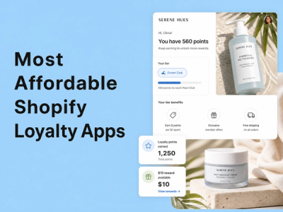 Minimalist landscape with "Most Affordable Shopify Loyalty Apps for Small and Growing Stores" text overlaid in the sky, repre