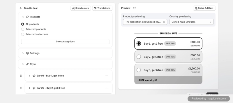 Kaching Bundles editor for a buy X get Y deal, with product targeting, settings, style and three offer bars beside a preview by product and country