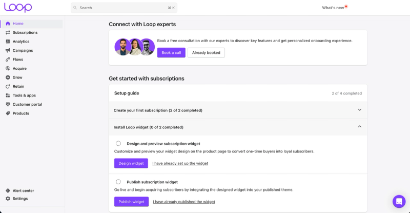 Loop Subscriptions home screen with the main menu, a free call with Loop's onboarding team and a setup guide for the first subscription and widget