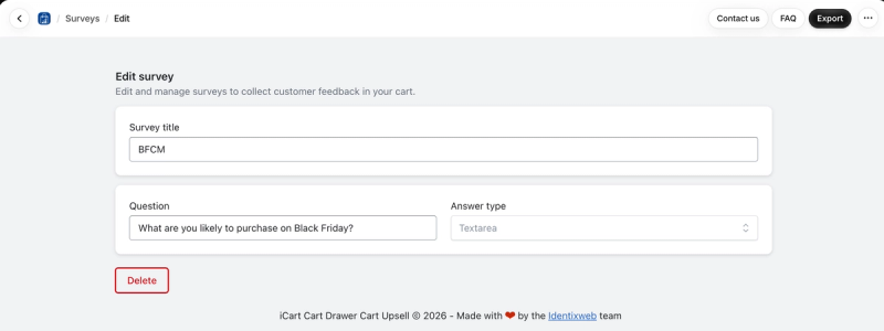 iCart edit survey screen with a survey title, a question asking what the shopper is likely to buy on Black Friday, and a free-text answer type