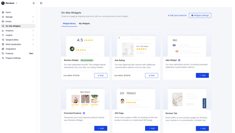 Yotpo widget library with the Reviews Widget, Star Rating, Q&A Widget, Promoted Products, SEO Page and Reviews Tab