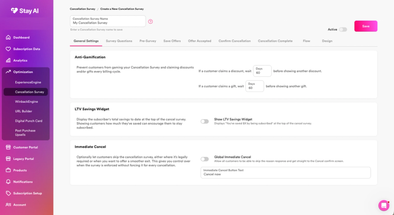 Stay AI cancellation survey settings with anti-gamification wait periods for discounts and gifts, an LTV savings widget toggle and an immediate cancel option