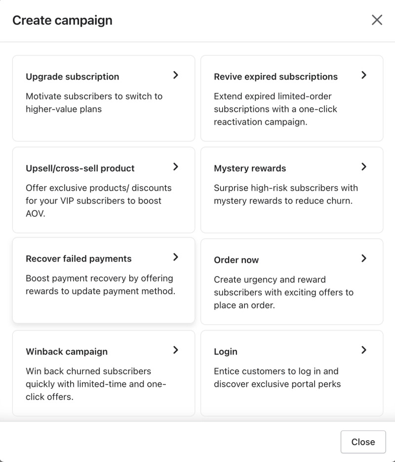 Loop create campaign templates including upgrade subscription, mystery rewards, recover failed payments and winback