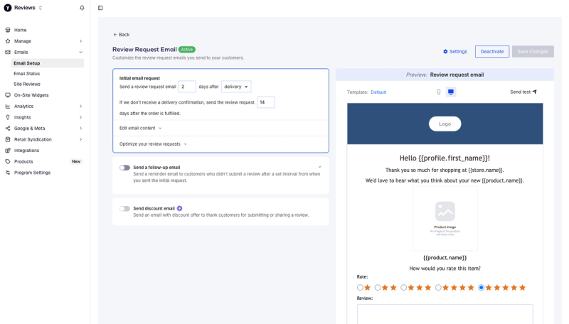 Yotpo review request email editor with request settings, follow-up and discount email options, and a live email preview