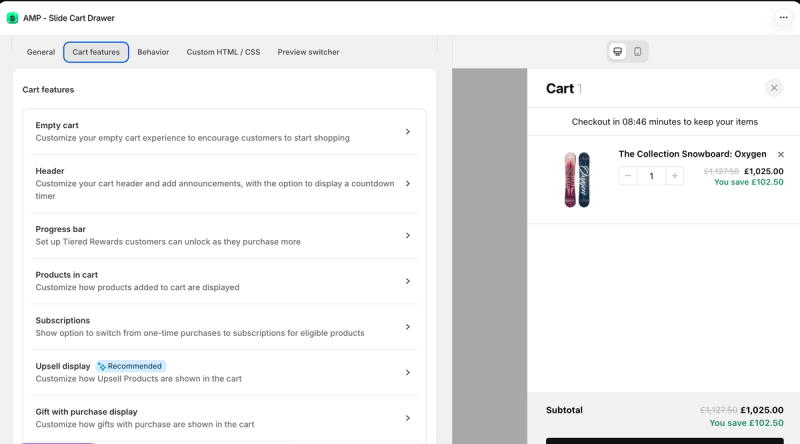 Amp Slide Cart editor with tabs for general, cart features, behaviour, custom HTML and CSS and a preview switcher, listing cart features beside a live preview