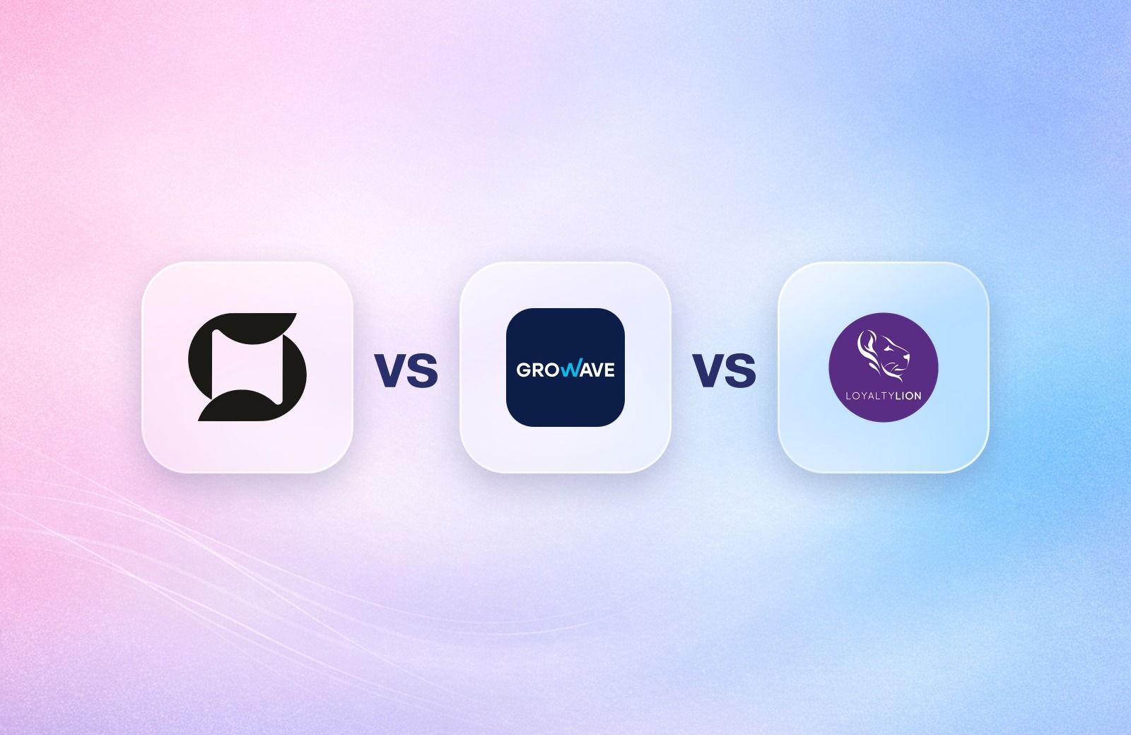 Mage, Growave and LoyaltyLion logos on frosted glass tiles comparing the Shopify loyalty apps