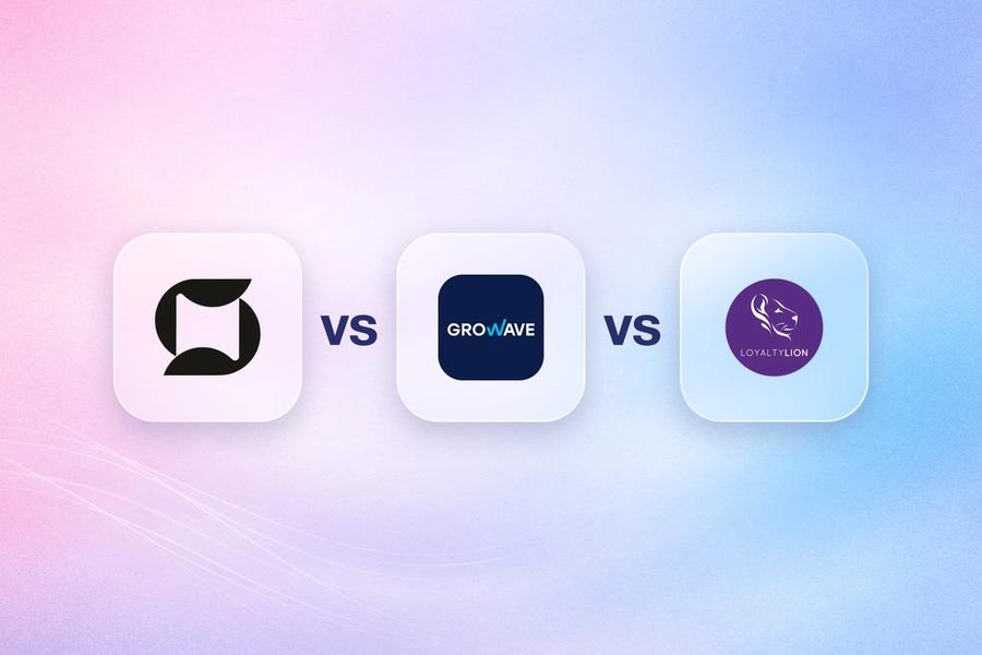 Mage, Growave and LoyaltyLion logos on frosted glass tiles comparing the Shopify loyalty apps