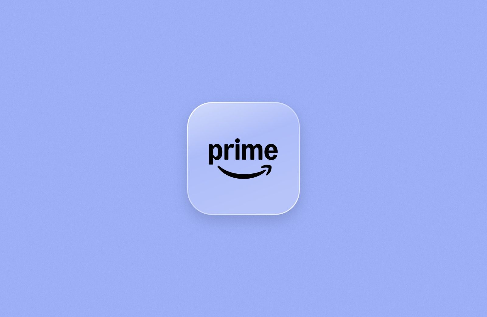Amazon Prime logo on a frosted glass tile over a periwinkle blue background
