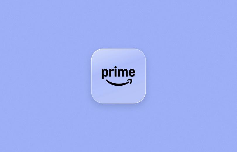 Amazon Prime logo on a frosted glass tile over a periwinkle blue background