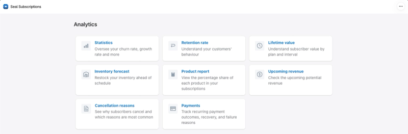 Seal analytics menu with reports for statistics, retention rate, lifetime value, inventory forecast, product report, upcoming revenue, cancellation reasons and payments