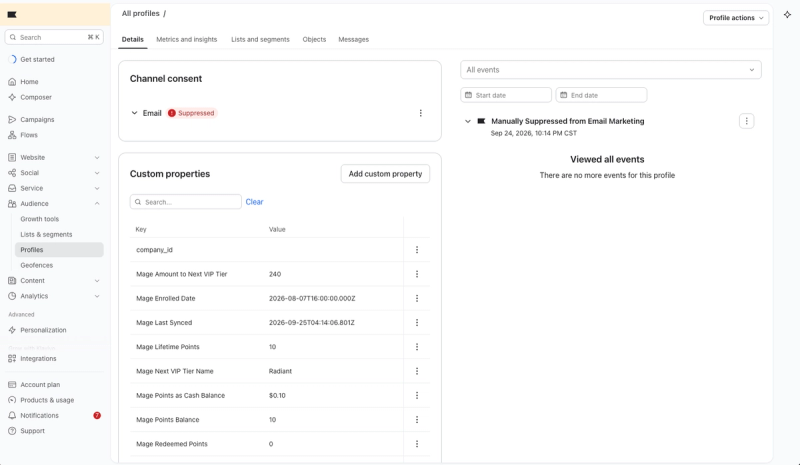 A Klaviyo profile's custom properties showing Mage points balance, points as cash balance, lifetime and redeemed points, next VIP tier name and amount to next tier