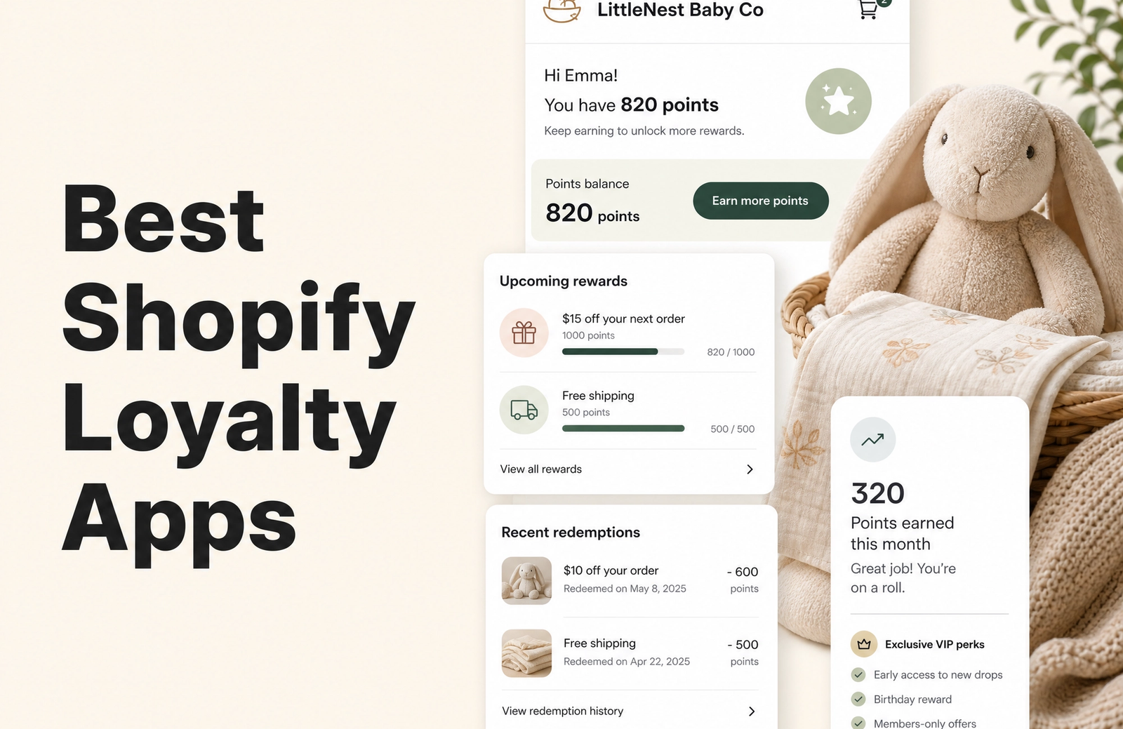 Minimalist landscape with text "Best Shopify Loyalty Apps for Baby and Kids Products Brands" rendered in the sky, illustratin