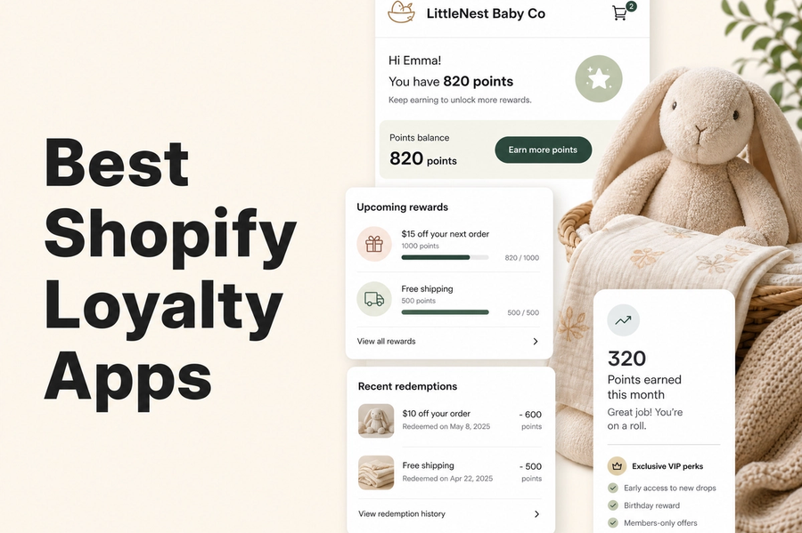 Minimalist landscape with text "Best Shopify Loyalty Apps for Baby and Kids Products Brands" rendered in the sky, illustratin