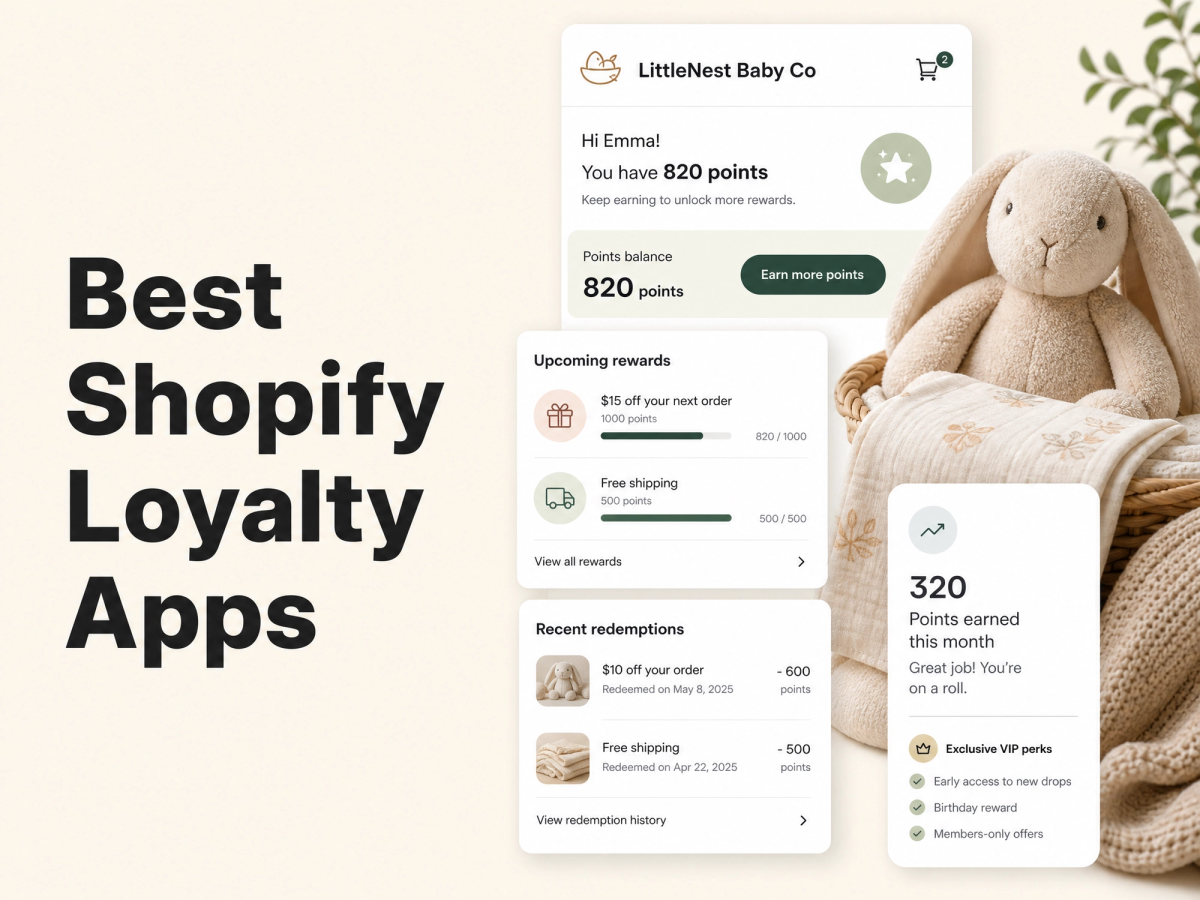 Minimalist landscape with text "Best Shopify Loyalty Apps for Baby and Kids Products Brands" rendered in the sky, illustratin