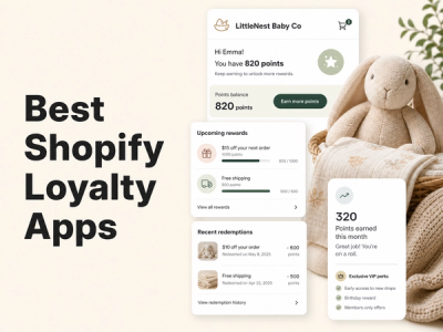 Minimalist landscape with text "Best Shopify Loyalty Apps for Baby and Kids Products Brands" rendered in the sky, illustratin