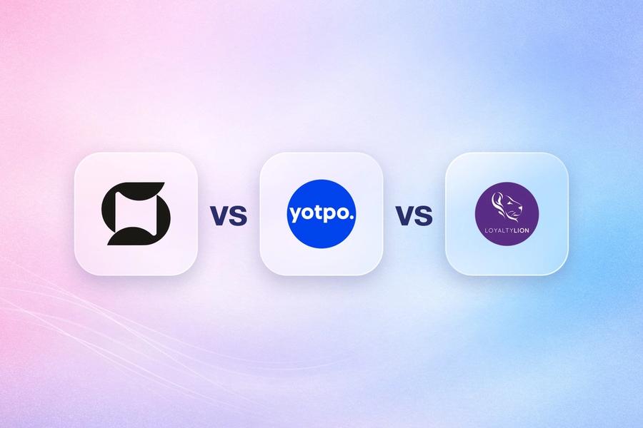 Mage, Yotpo and LoyaltyLion logos on frosted glass tiles comparing the Shopify loyalty apps