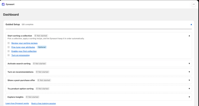 Dynasort Guided Setup checklist with steps to sort a collection, activate search sorting, turn on recommendations, show a post-purchase offer, sort product options and explore insights