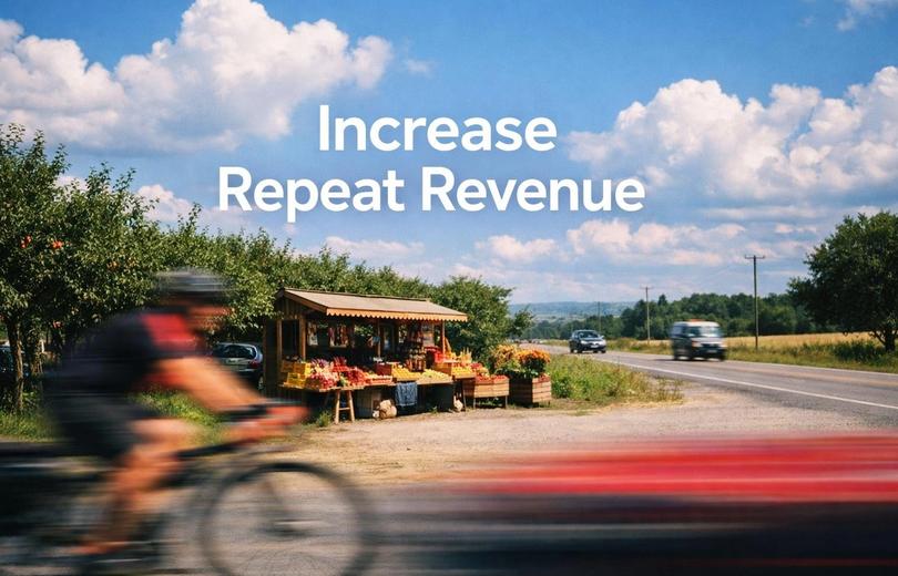 White text reading "Increase Repeat Revenue" over a roadside fruit stall on a sunlit country road