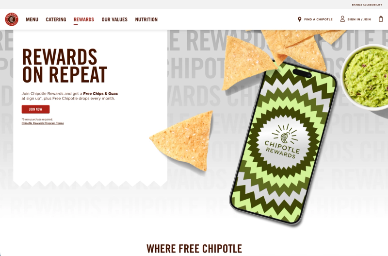 Chipotle Rewards page with the headline Rewards on Repeat, Join Now button and phone showing the Chipotle Rewards app