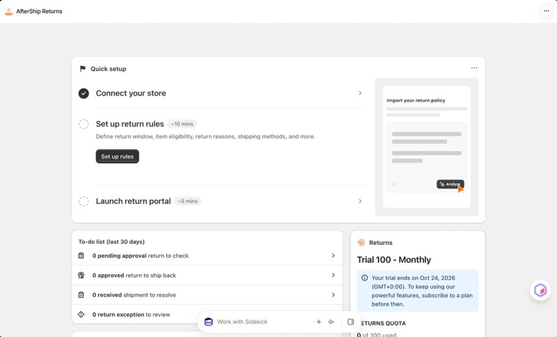 AfterShip Returns quick setup with the store connected, return rules and the return portal still to do, and a to-do list of returns to check
