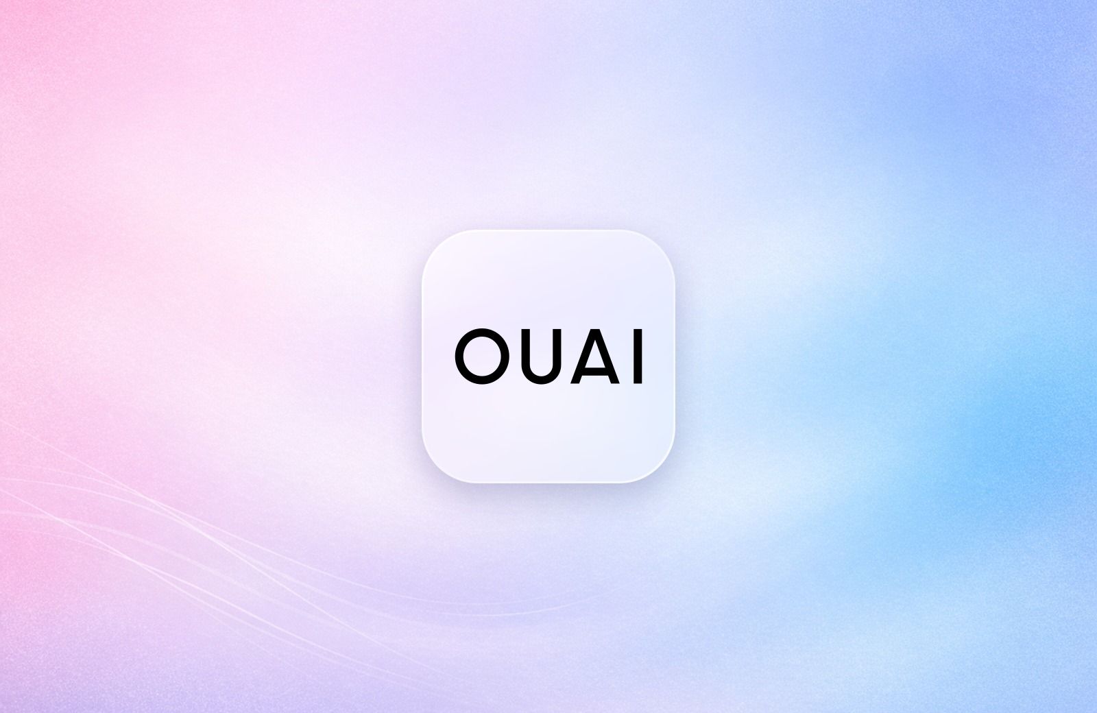 OUAI logo on a frosted glass tile over a soft lavender gradient