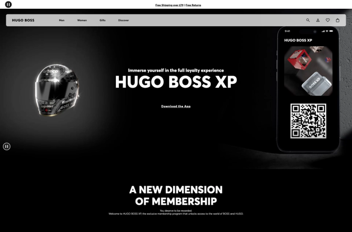 Hugo Boss XP loyalty page with app download QR code and the headline A New Dimension of Membership