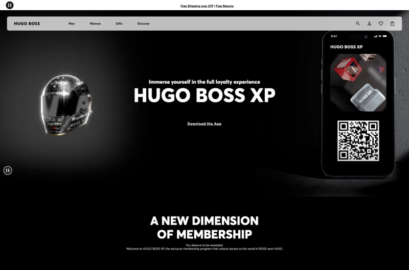 Hugo Boss XP loyalty page with app download QR code and the headline A New Dimension of Membership