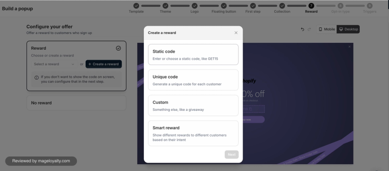 Alia create a reward window with static code, unique code, custom and smart reward options