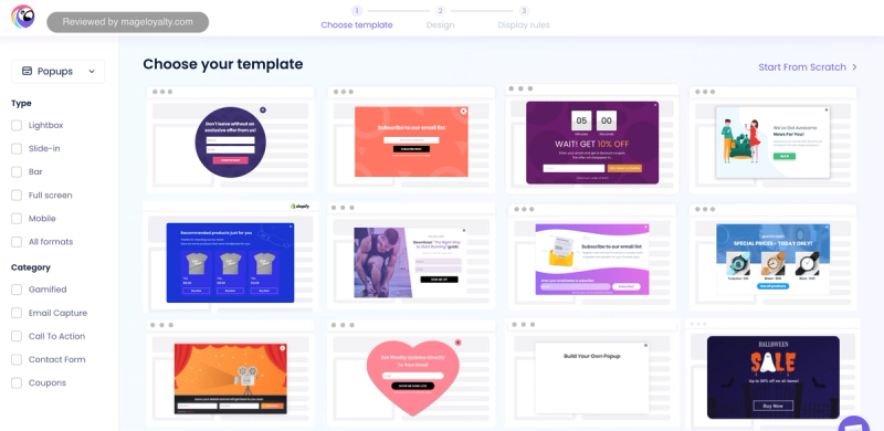 Poptin template gallery with popup types such as lightbox, slide-in, bar, full screen and mobile, and categories including gamified, email capture and coupons