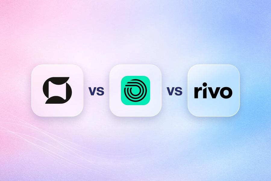 Mage, Okendo and Rivo logos on frosted glass tiles comparing the Shopify loyalty apps