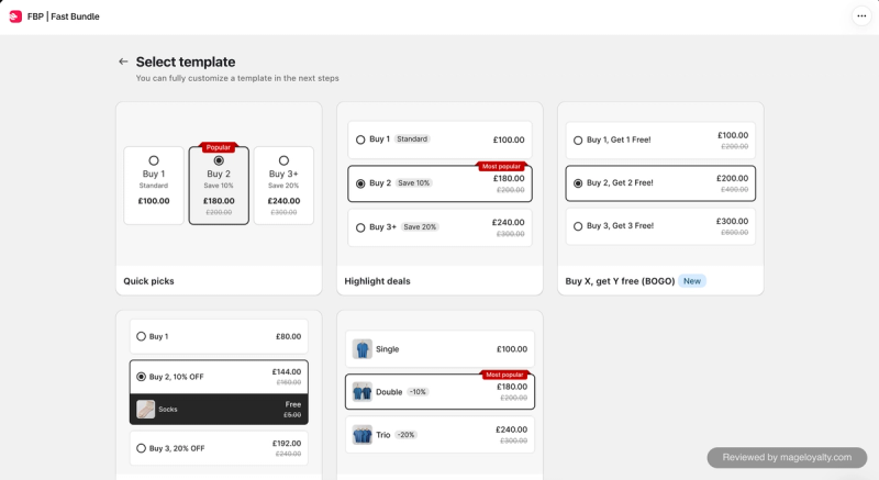 Fast Bundle volume discount templates: quick picks, highlight deals, buy X get Y free, a free gift deal and visual offers
