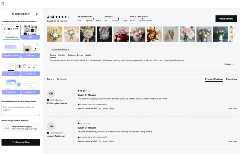 REVIEWS.io AI Widget Editor with widget choices, a text box to describe the desired look, and an optional design mockup upload
