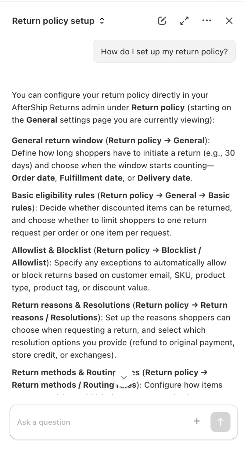 AfterShip's AI assistant explaining where to set the return window, eligibility rules, allowlist and blocklist, and return reasons and resolutions