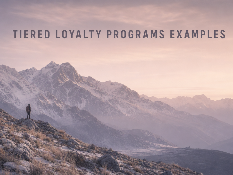 Minimalist landscape with article title "Tiered Loyalty Programs: How They Work + 2026 Examples That Convert" displayed as te