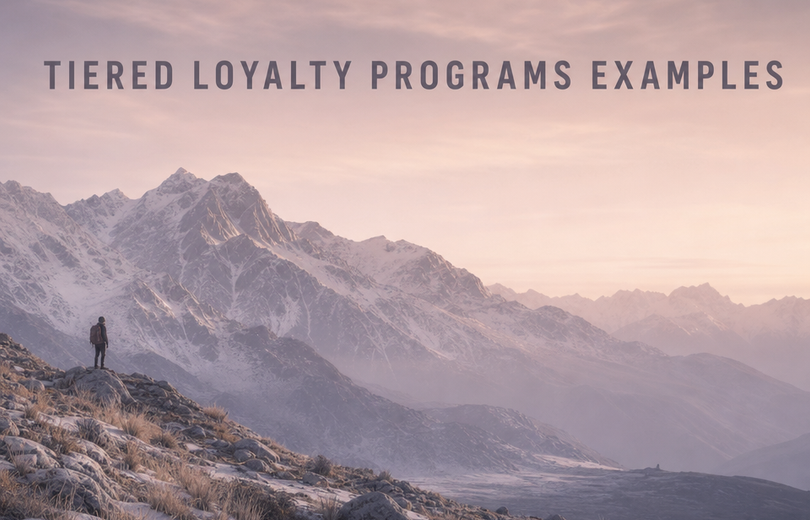 Minimalist landscape with article title "Tiered Loyalty Programs: How They Work + 2026 Examples That Convert" displayed as te