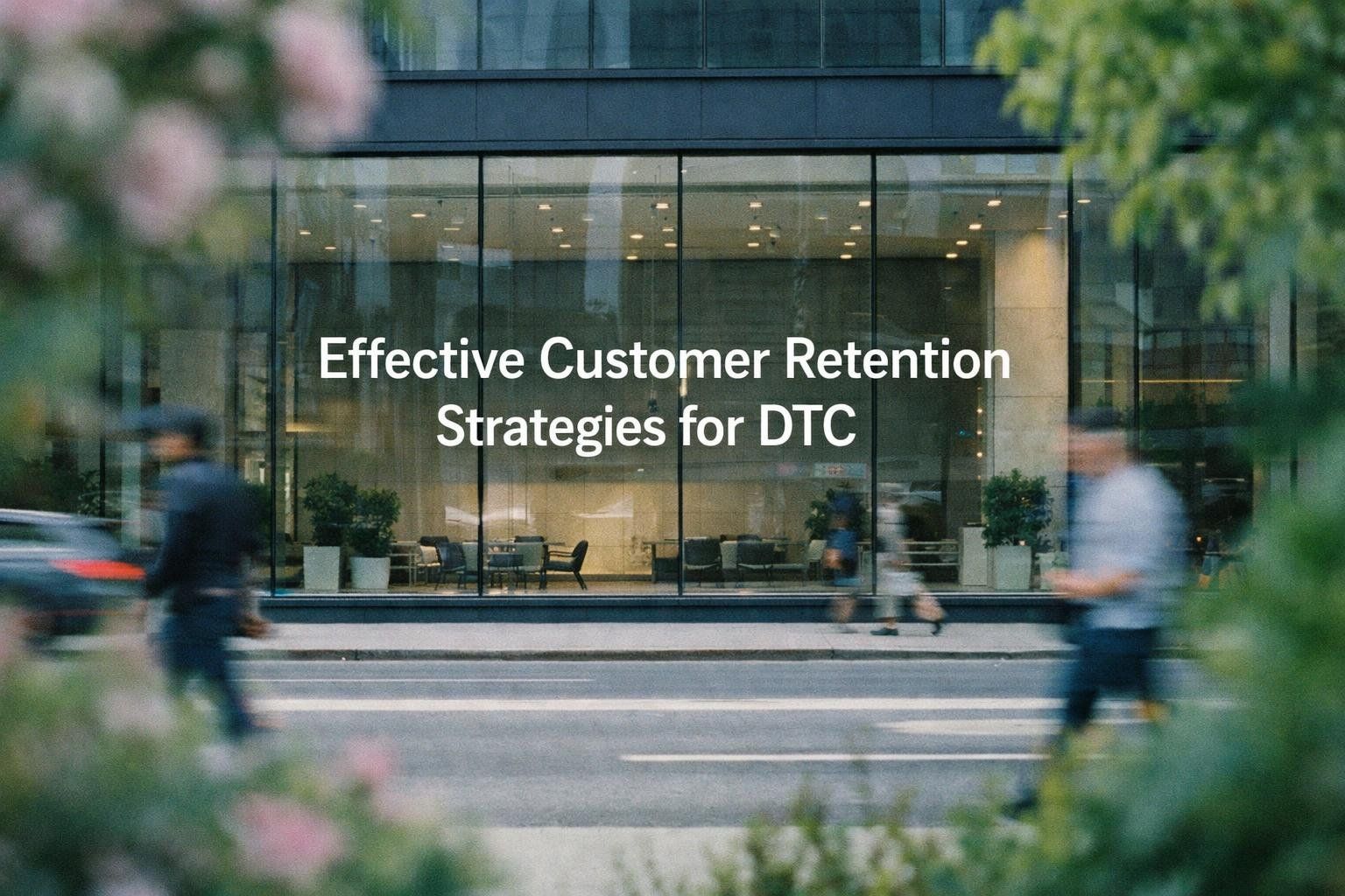 Effective Customer Retention Strategies for DTC, white title over a glass-fronted store on a city street at dusk