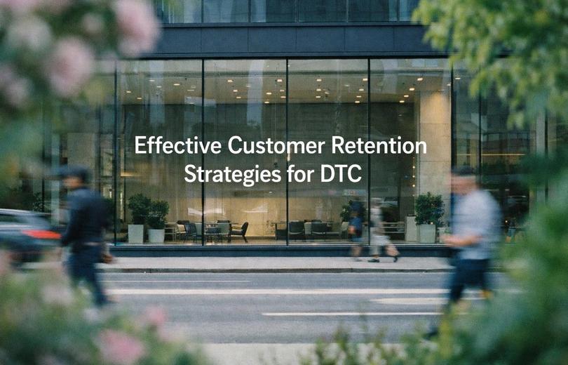 Effective Customer Retention Strategies for DTC, white title over a glass-fronted store on a city street at dusk