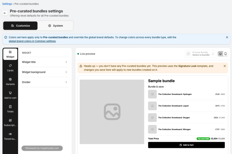 Easy Bundles pre-curated bundle settings with widget, cards, variants, add to cart, totals, subscriptions and tiered bundle options beside a live preview of a four-product bundle