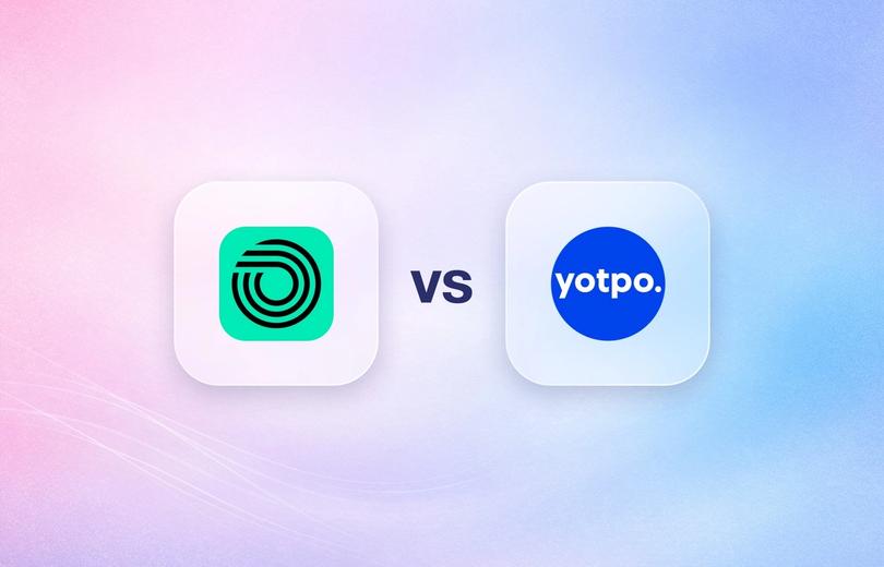 Okendo and Yotpo logos on frosted glass tiles comparing the Shopify loyalty apps