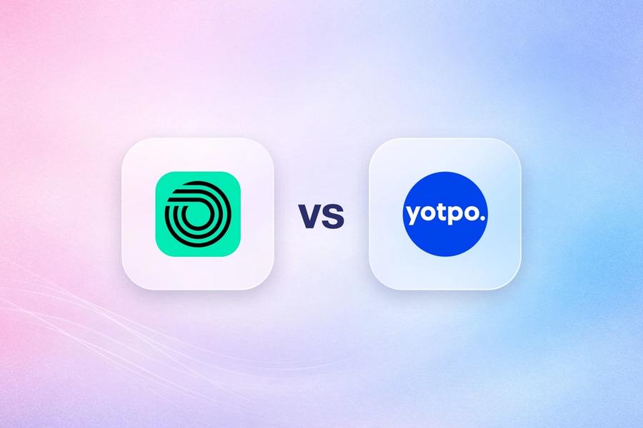 Okendo and Yotpo logos on frosted glass tiles comparing the Shopify loyalty apps