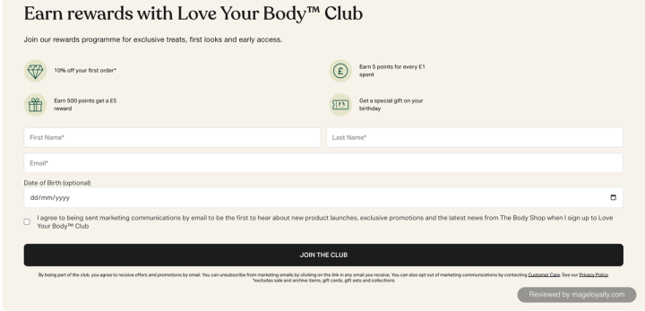The Love Your Body Club sign-up panel on The Body Shop UK site: 10% off your first order, earn 5 points for every £1 spent, earn 500 points get a £5 reward, and a special gift on your birthday